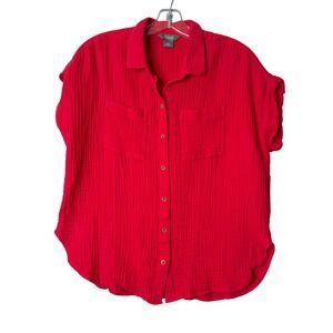 Natural Reflections Gauze Button Front Shirt Womens M Red Short Sleeve Beach